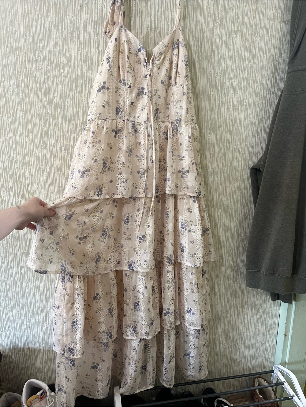 Tiered Floral Spaghetti Strap Maxi Dress - Cream with Blue Floral